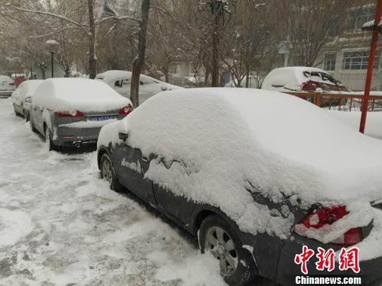 小区停靠车辆被积雪覆盖。　戚亚平 摄