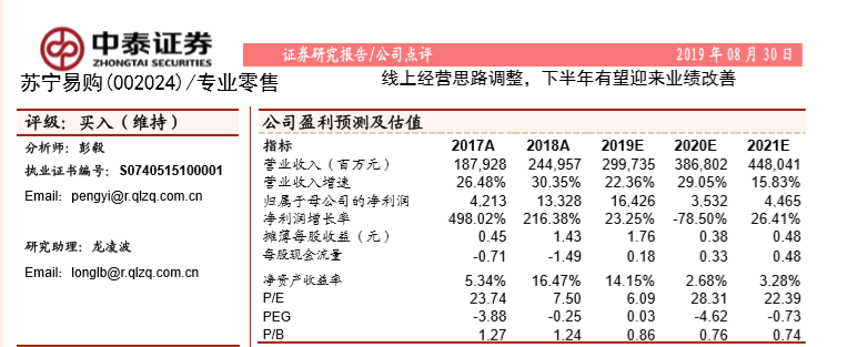 苏宁易购半年报出炉 多家券商维持“买入”评级